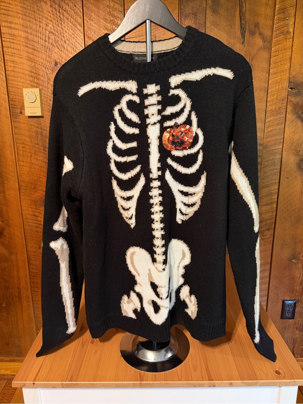 Halloween Blizzard Bay Black Skeleton Sequin Jack-O-Lantern Sweater Large